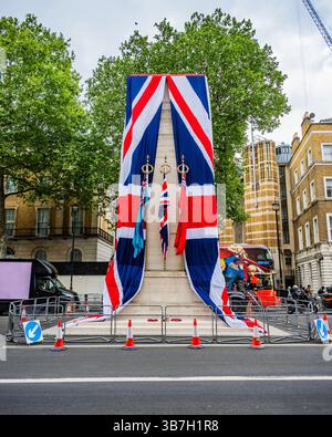 Union Jack sign for VE day celebration street party on a street in