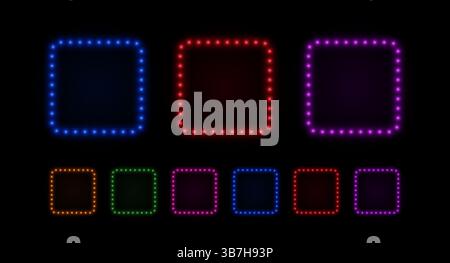 Light square neon frame with bulbs. Retro led lamps box border. Set of vector elements in blue, green and purple for cinema, casino and circus advertising. Stock Vector