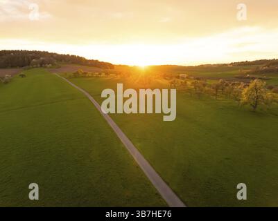 A straight path leads through the wide meadow under a radiant sunset sky, Gechingen, district of Calw, Black Forest, Germany, Europe Stock Photo