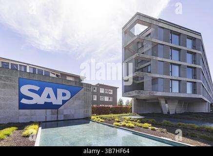 Logo and building of the listed software company SAP, headquarters. Walldorf, Baden-Wuerttemberg, Germany, Europe Stock Photo