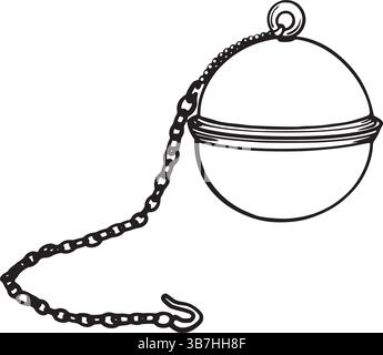 Tea infuser ball with chain and hook, hand drawn black outline vector illustration on white background. Perfect for tea packaging, recipe books, menus, kitchen decor and eco drink branding. Stock Vector