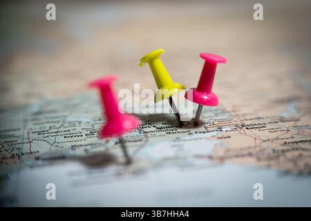 Colorful push pins marking locations on map of ukraine Stock Photo