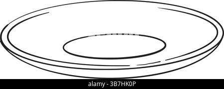 Empty saucer for teacup, black line vector drawing on white background. Perfect for tea themed compositions, cafe menu design, product mockups, packaging, and tableware illustrations. Stock Vector