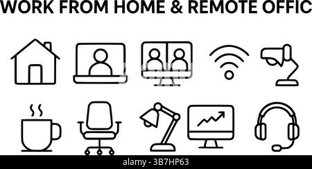 Work from Home and Remote Office Black Outline Icon Set Stock Vector