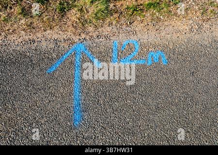 Blue spray marking on a country road by Anglian Water shows the direction and distance to a water leak. Stock Photo