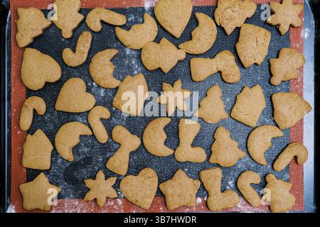 Freshly baked Christmas cookies lie on a baking sheet. Top view. Stock Photo