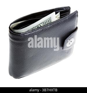 Black leather wallet with dollars white isolated Stock Photo