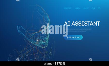 AI Robot Background Tech Bot Technology Chatbot Vector Wireframe Illustration. Futuristic digital human face rendering on dark blue gradient. Download Stock Vector
