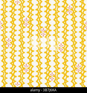 Yellow curvy stripes hand drawn seamless pattern design for textile print. Summer background abstract brush stroked design. Stock Photo