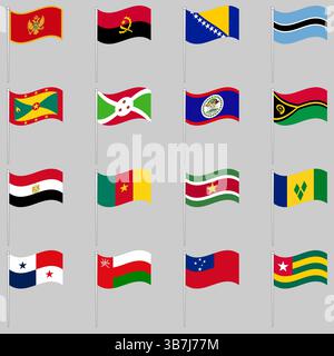 Large set of waving flags on a pole ilustrator Stock Vector