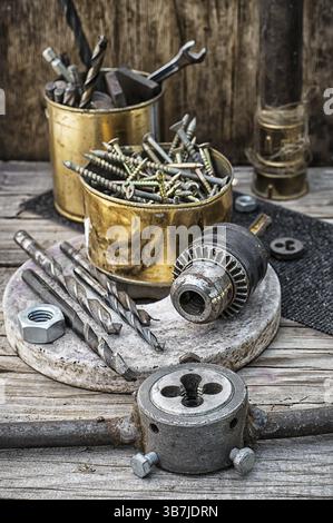 Set of old tools of the keys, screws and drills Stock Photo