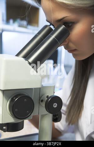 Beauty researcher looking through microscope in laboratory Stock Photo