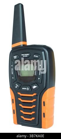 Bright orange colored FRS and GMRS handheld walkie talkie with black trim isolated on a white background. Stock Photo