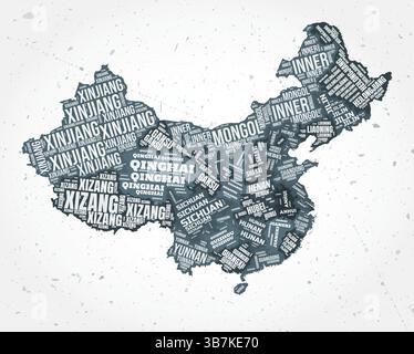 China regions word clouds. Country shape on textured background. China design in typographic style. Vibrant vector illustration. Stock Vector
