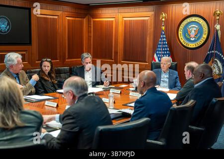 April 13, 2024, Washington, District Of Columbia, USA: United States President JOE BIDEN, 81, meets with members of the National Security Council regarding the unfolding missile attacks on Israel in the Situation Room of the White House. President Biden has returned to Washington a day early to consult with his national security team after both Iran and Israel announced that Iran had launched drones and rockets towards Israel. Among those pictured are WILLIAM J. BURNS, Director, Central Intelligence Agency (CIA), AVRIL HAINES, Director of National Intelligence (DNI), US Secretary of State ANTO Stock Photo