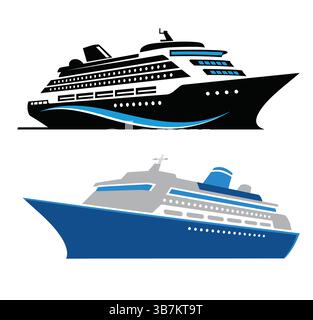 Cruise Ship Vector Icons in Black and Blue Tones, Cruise Ship Illustration Stock Vector
