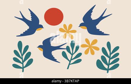 Retro Blue Swallows and Minimal Floral Elements Illustration Stock Vector