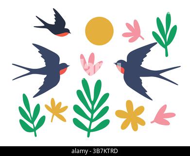 Colorful Swallows and Botanical Floral Vector Art, Illustration for Kids Stock Vector