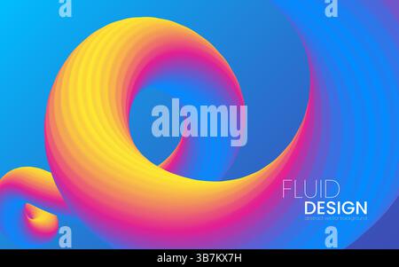 Fluid design. Colorful abstract background with vibrant 3D fluid shapes on blue gradient backdrop. Wavy 3d shape. Color swirl wave for creative projec Stock Vector