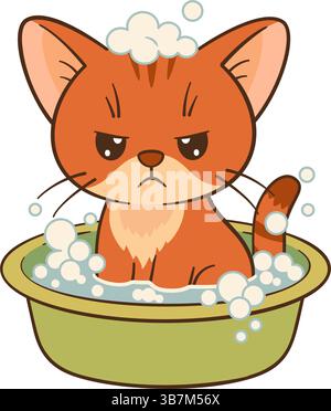 Grumpy orange tabby cat sitting in green tub filled with soap bubbles. Kawaii style, clean lines vibrant colors. For greeting cards, stickers, digital content, pet care, hygiene, humorous contexts. Stock Vector