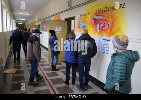 Sofia, Bulgaria: 4 April, 2021: People wait in line to cast their ballot at a polling station for the parliamentary elections, Sofia, Bulgaria, Europe Stock Photo