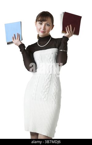 Young beauty student hold two notebooks isolated on white Stock Photo