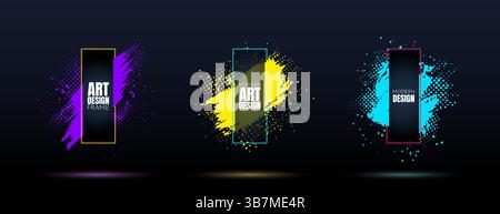 Vector illustration. Modern art graphic. Dynamic frame. Brush stroke, paint splashes and halftone dots. Element for design business card, event Stock Vector