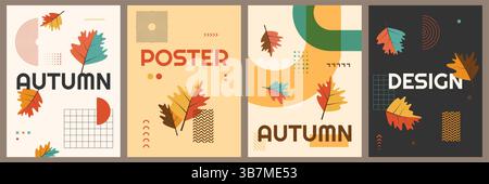 Vector illustration. Set of trendy autumn banners. Leaves, memphis pattern elements, modern typography. Foliage falling background. Design for poster Stock Vector
