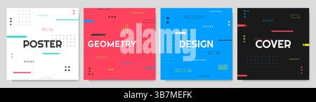 Vector illustration. Abstract vibrant color background set. Cool bright wallpapers with flowing lines and memphis pattern elements. Design elements Stock Vector