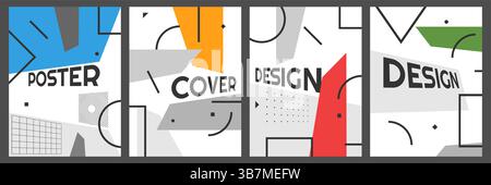 Vector brochure cards set. Geometric shapes composition. Dynamic abstract flat mid-century design template of flyer, magazine, book cover, banner Stock Vector