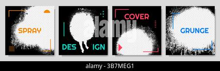 Vector illustration. Set of black color paint graffiti splatter with memphis pattern frame on transparent background. Design for web banner, blog post Stock Vector
