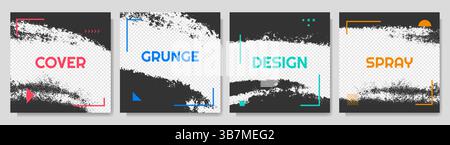 Vector illustration. Set of black color paint graffiti splatter with memphis pattern frame on transparent background. Design for web banner, blog post Stock Vector