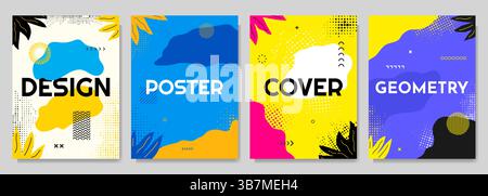Vector illustration. Drawn abstract color memphis pattern background. Flat style blotches, geometric lines, halftone dots, tropical leaves. Design Stock Vector