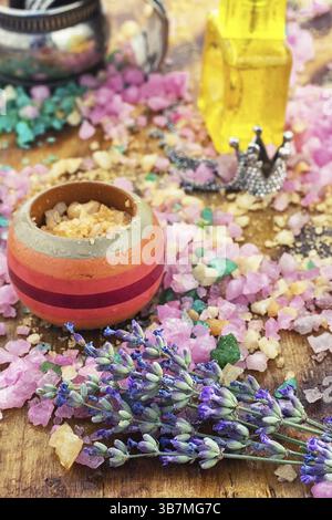 Spilling scented sea salt assorted colours lavender assorted colours Stock Photo