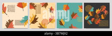 Vector illustration. Set of trendy autumn banners. Leaves, memphis pattern elements, modern typography. Foliage falling background. Design Stock Vector