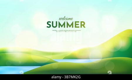 Vector illustration. Green meadow, hills and water lake background. Clear blue sky with bokeh lights. 3d natural eco concept cartoon wallpaper. Summer Stock Vector