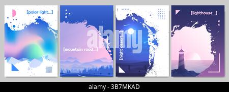 Vector illustration. Nature scene of aurora borealis, mountain road, night desert, lighthouse by sea. Ink splatter overlay. Gradient futuristic design Stock Vector