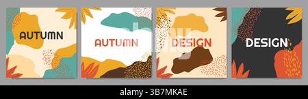 Vector illustration. Set of trendy autumn banners. Leaves, memphis pattern elements, blot shape elements. Nature scene background. Design Stock Vector