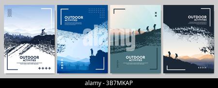 Vector illustration. Travel concept of discovering, exploring and observing nature. Tourists have hiking trip. Travelers climb with backpack Stock Vector
