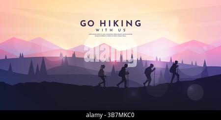 Vector illustration. Travel concept of discovering, exploring and observing nature. Tourists have hiking trip. Travelers climb with backpack Stock Vector