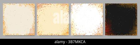 Vector illustration. Set of autumn trendy banners. Falling leaves frame background with halftone dots. Old scratched paper effect. Design Stock Vector