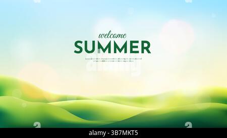 Vector illustration. Green meadow, hills and water lake background. Clear blue sky with bokeh lights. 3d natural eco concept cartoon wallpaper. Summer Stock Vector