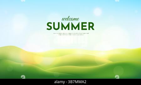 Vector illustration. Green meadow and hills natural background. Clear blue sky with bokeh lights. 3d rural eco concept cartoon wallpaper. Summer Stock Vector