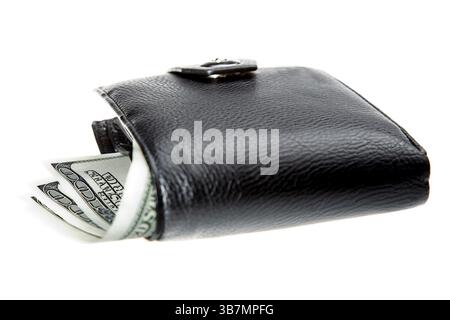 Black leather wallet with dollars white isolated Stock Photo