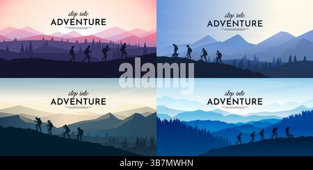Vector illustration. Travel concept of discovering, exploring and observing nature. Group  of tourists have hiking trip. Travelers with backpack Stock Vector