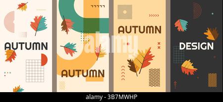 Vector illustration. Set of trendy autumn banners. Leaves, memphis pattern elements, modern typography. Foliage falling background. Design Stock Vector