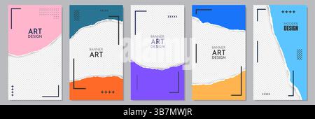 Vector illustration. Torn paper effect. Color banner collection. Design for flyer, coupon, voucher, leaflet. Decorative art. Vertical overlay Stock Vector