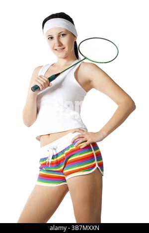 Beauty woman with badminton racket isolated on white Stock Photo