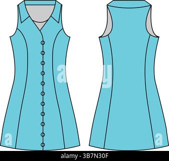 Flat Fashion Sketch of Sleeveless Button-Up Dress - Front and Back View Stock Vector