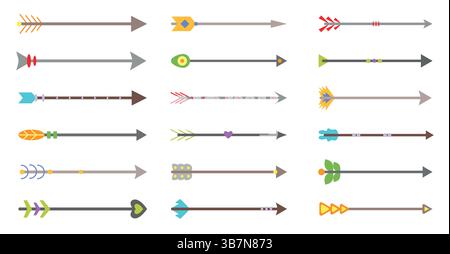 Medieval colorful arrows bow vector color flat. Fantasy weapons for menu, notebook. Hipster arrow with feathers in different styles for clothing. Hitting the target. Pointer Stock Vector